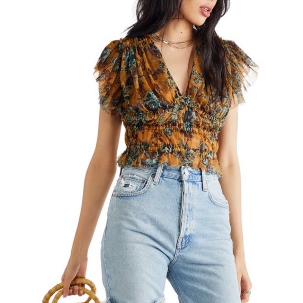 Free People Making Me Smile Flutter Sleeve Mesh Crop Top Olive Combo Floral XS